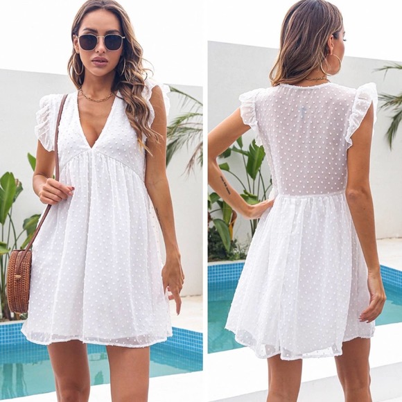 White Swiss Dot Ruffled Deep V Mini Dress - Picture 3 of 3
